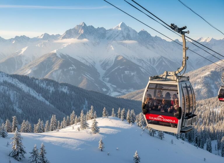 Skiers enjoying deep powder snow on the snowy slopes of Gulmarg: Asia's Premier Ski Destination with the Gondola cable car in the background.