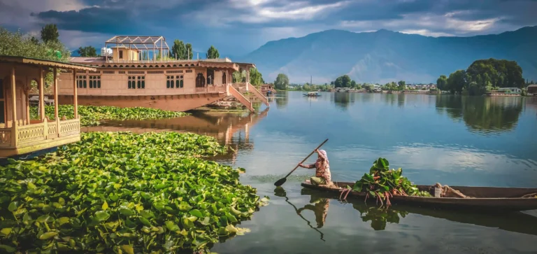 Heritage houseboat stay Dal Lake — carved walnut wood interior and deck